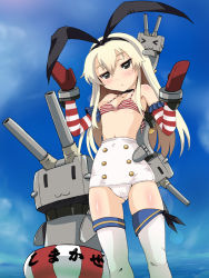 Rule 34 | &gt; &lt;, 10s, 1girl, :3, adapted costume, bikini, bikini top only, black eyes, blonde hair, blush, closed eyes, day, gloves, hairband, kantai collection, lifebuoy, long hair, personification, red gloves, rensouhou-chan, rokujou mugi, shimakaze (kancolle), striped bikini, striped bikini top, striped clothes, striped gloves, swim ring, swimsuit, thighhighs, white thighhighs