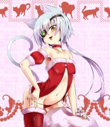Rule 34 | 1girl, animal ears, arched back, breasts, caesar8149, cat ears, cat tail, choker, collarbone, covered erect nipples, eyepatch, highres, long hair, looking at viewer, nail polish, navel, no pants, original, panties, ponytail, red panties, sack, santa costume, side-tie panties, silver hair, slit pupils, small breasts, solo, tail, tongue, tongue out, underwear, untied panties, yellow eyes