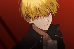 Rule 34 | 1boy, black jacket, blonde hair, fate/stay night, fate (series), feet out of frame, gilgamesh (fate), jacket, long sleeves, looking at viewer, male focus, nozz177, official alternate costume, red background, red eyes, short hair, smile, solo, type-moon, upper body