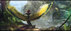 Rule 34 | 1girl, bayashiko, bird, blue sky, cliff, cloud, cloudy sky, day, fake wings, fantasy, feathered wings, from behind, grass, letterboxed, low wings, moss, nature, original, outdoors, outstretched arms, red hair, short hair, sky, solo, spread arms, spread wings, stairs, standing, statue, tree, wings