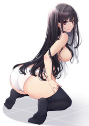 Rule 34 | 1girl, absurdres, ass, bare arms, bare shoulders, black hair, black thighhighs, breasts, from behind, highres, kneeling, large breasts, long hair, looking at viewer, looking back, minato yu, no shoes, original, panties, parted lips, purple eyes, simple background, solo, thighhighs, topless, underwear, white background, white panties
