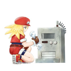 Rule 34 | 1girl, belt, bike shorts, blonde hair, byte (grunty-hag1), cabbie hat, closed mouth, commentary request, cropped jacket, full body, gloves, green eyes, hat, holding, holding wrench, jacket, long hair, machine, mega man (series), mega man legends (series), on one knee, red hat, red jacket, red shorts, roll caskett (mega man), short sleeves, shorts, smile, solo, white background, wrench