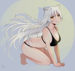 Rule 34 | 1girl, absurdres, all fours, animal ear fluff, animal ears, arched back, artist name, barefoot, black bra, black hanekawa, black panties, blush, bra, breasts, cat ears, cleavage, clenched hands, collarbone, commentary, drop shadow, floating hair, from side, full body, green background, grey background, grin, hair between eyes, hanekawa tsubasa, highres, kneeling, lace, lace-trimmed bra, lace-trimmed panties, lace trim, large breasts, leaning forward, light blush, long hair, looking at viewer, looking to the side, monogatari (series), nekomonogatari, panties, parted lips, piancaesar, romaji commentary, shadow, signature, slit pupils, smile, solo, spotlight, two-tone background, underwear, underwear only, very long hair, white hair, yellow eyes