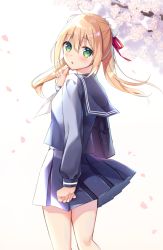 Rule 34 | 1girl, bad id, bad pixiv id, bag, blonde hair, blue sailor collar, blue serafuku, blue shirt, blue skirt, bun cover, cherry blossoms, commentary request, double bun, fingernails, flower, green eyes, hair between eyes, hair bun, hair ribbon, hand to own mouth, long hair, looking at viewer, looking to the side, original, parted lips, petals, pink flower, pleated skirt, red ribbon, ribbon, sailor collar, school bag, school uniform, serafuku, shirt, side bun, skirt, solo, sumisaki yuzuna, twintails