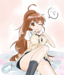 Rule 34 | 1girl, blush, breasts, brown eyes, brown hair, long hair, ponytail, sch, solo, squiggle, taneshima popura, very long hair, wince, working!!