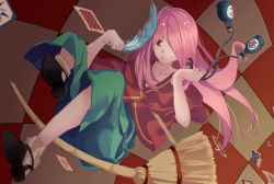 Rule 34 | 10s, 1girl, alternate hair color, alternate skin color, bottle, broom, capelet, checkered background, cork, dutch angle, feathers, hair over one eye, highres, karasen, little witch academia, long hair, pink hair, red eyes, solo, sucy manbavaran