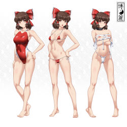 bikini bow breasts brown_hair commission dark_skin frilled_bow frilled_hair_tubes frills fundoshi hair_bow hair_tubes hakurei_reimu highres japanese_clothes medium_breasts micro_bikini midriff navel one-piece_swimsuit ootsuki_wataru open_mouth sarashi short_hair skeb_commission swimsuit touhou