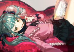 Rule 34 | 1girl, absurdres, black mask, black skirt, blue bow, blurry, blurry foreground, bow, commentary, couch, ear piercing, facial mark, frilled shirt, frills, green eyes, green hair, hair bow, hatsune miku, heart, heart facial mark, heart tattoo, highres, knees up, long hair, long sleeves, looking at viewer, lying, mask, mask pull, mouth mask, nik ibi, on back, open mouth, piercing, pink shirt, pleated skirt, shirt, skirt, smile, solo, tattoo, teeth, tongue, twintails, upper body, upper teeth only, vampire (vocaloid), vocaloid