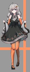 Rule 34 | 1girl, absurdres, ahoge, bare shoulders, black dress, black footwear, blue eyes, blush, braid, breasts, closed mouth, collared dress, colored stripes, detached sleeves, dress, full body, grey background, hair ornament, hairpin, high heels, highres, holding, kizuna akari, long hair, long sleeves, looking at viewer, medium breasts, orange pantyhose, pantyhose, shawl, silver hair, smile, solo, standing, star (symbol), striped clothes, striped pantyhose, striped sleeves, tanaka keiji, twin braids, two-tone background, vertical-striped clothes, vertical-striped pantyhose, vocaloid, voiceroid