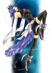 Rule 34 | 1girl, aqua (kingdom hearts), bare shoulders, black thighhighs, blue hair, breasts, brown gloves, bubble, closed mouth, corset, detached sleeves, closed eyes, fingerless gloves, full body, gloves, highres, kingdom hearts, kingdom hearts birth by sleep, koshi (meermisa), leg up, long sleeves, medium breasts, short hair, solo, thighhighs, turtleneck, wide sleeves, zettai ryouiki