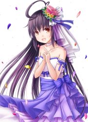 Rule 34 | 10s, 1girl, :d, ahoge, alternate costume, ayatsuri-doll, black hair, bridal veil, choker, collarbone, dress, flower, hair flower, hair ornament, highres, jewelry, kantai collection, long hair, looking at viewer, mikazuki (kancolle), off-shoulder dress, off shoulder, open mouth, orange eyes, own hands clasped, own hands together, petals, ring, rose, simple background, smile, solo, veil, very long hair, wedding band, wedding dress, white background