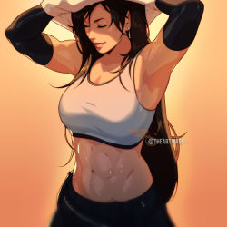 Rule 34 | 1girl, abs, armpits, arms up, black hair, black skirt, crop top, earrings, elbow gloves, closed eyes, final fantasy, final fantasy vii, final fantasy vii remake, gloves, jewelry, long hair, muscular, muscular female, skirt, solo, square enix, sweat, tank top, the art mage, tifa lockhart, toned, very long hair, white tank top