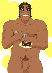 Rule 34 | 1boy, artist request, bara, blush, flaccid, food, foreskin, highres, hunk (voltron), male focus, nipples, nude, penis, pubic hair, smile, solo focus, testicles, voltron, voltron: legendary defender, voltron (series)