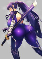 Rule 34 | 1girl, akiyama rinko, ass, back opening, blush, bodysuit, breasts, curvy, from behind, highres, huge ass, huge breasts, long hair, looking at viewer, looking back, mansonparesu, open mouth, ponytail, purple eyes, purple hair, shiny clothes, shiny skin, sideboob, simple background, skin tight, solo, sonparesu, sword, taimanin (series), taimanin asagi, very long hair, weapon