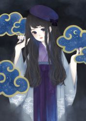 Rule 34 | 1girl, beret, black background, black hair, blue eyes, blue kimono, blue nails, bow, closed mouth, cloud, crescent moon, hakama, hakama skirt, hand in own hair, hands up, hat, hat bow, head tilt, highres, holding, japanese clothes, kimono, long hair, long sleeves, looking at viewer, moon, nail polish, original, print kimono, purple bow, purple hakama, purple hat, purple kimono, purple nails, skirt, solo, standing, star (sky), starry hair, upper body, ushiyama ame, wavy hair, whorled clouds, wide sleeves