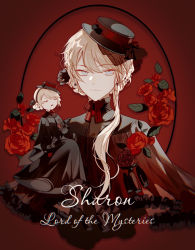 Rule 34 | 1girl, black dress, black flower, black hat, black rose, blonde hair, blue eyes, doll, dress, earrings, english text, flower, hat, highres, jewelry, long dress, looking at viewer, lord of the mysteries, marionette, puppet, red background, red flower, red neckwear, red rose, rose, shaoyun771, sharron (lord of the mysteries), solo