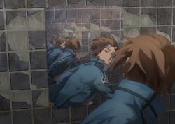 Rule 34 | 1boy, absurdres, blue eyes, blue jacket, broken wall, brown hair, closed mouth, commentary request, eternalpillow04, from side, goggles, goggles on head, highres, jacket, jin yuuichi, long sleeves, looking at mirror, looking at viewer, looking to the side, male focus, mirror, recursion, reflection, running, short hair, solo, symbolism, tile wall, tiles, world trigger