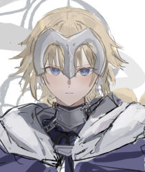 Rule 34 | 1girl, blonde hair, blue cape, blue eyes, cape, chain, closed mouth, expressionless, fate/grand order, fate (series), headpiece, highres, jeanne d&#039;arc (fate), jeanne d&#039;arc (ruler) (fate), light blush, looking at viewer, portrait, shiro (siro kuten), short hair, simple background, sketch, solo, white background