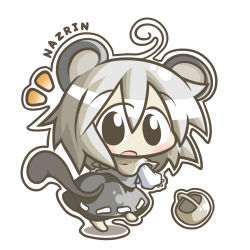 Rule 34 | 1girl, animal ears, aoblue, basket, blush, character name, chibi, female focus, looking at viewer, mouse ears, mouse tail, nazrin, open mouth, simple background, solo, tail, touhou, white background