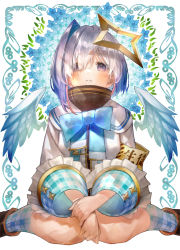 Rule 34 | 1girl, absurdres, amane kanata, armband, blue bow, blue bowtie, blue flower, blue hair, blush, bow, bowtie, commentary request, detached wings, eyes visible through hair, feet out of frame, flower, hair over one eye, halo, highres, hololive, long sleeves, looking at viewer, multicolored hair, pink hair, plaid, plaid legwear, purple eyes, rin31153336, shirt, sitting, socks, solo, star halo, streaked hair, turtleneck, virtual youtuber, wariza, white hair, white shirt, wide sleeves, wings