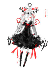 Rule 34 | 1girl, ^ ^, antenna hair, black dress, black footwear, black halo, blush, boots, closed eyes, dark halo, drawn wings, dress, facing viewer, floating headgear, flower, frilled dress, frills, full body, gekiyaku, hair flower, hair ornament, halo, headgear, kokaki mumose, neck ribbon, open mouth, pale skin, red flower, red ribbon, ribbon, short dress, short sleeves, simple background, sketch, smile, solo, translated, utau, white background, white hair, wrist cuffs