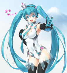 Rule 34 | 1girl, aqua eyes, aqua hair, armpits, breasts, cleavage, covered navel, cowboy shot, elbow gloves, gloves, goodsmile racing, hatsune miku, headset, highres, large breasts, leotard, long hair, necktie, open mouth, race queen, racing miku, racing miku (2013), skin tight, solo, thighhighs, twintails, v, very long hair, vocaloid, wacchi