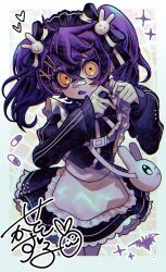 Rule 34 | 1girl, animal bag, apron, bandaid, bandaid on face, bandaid on nose, black bow, bow, genderswap, genderswap (mtf), ghostcrown, hair bow, hair ornament, hairpin, heart, heart hands, highres, jacket, jersey maid, kazuya seto, long hair, long sleeves, looking at viewer, maid, maid day, open mouth, purple hair, rabbit bag, setoya0102, signature, solo, sparkle, track jacket, twintails, unconventional maid, waist apron, x hair ornament, yellow eyes