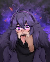 Rule 34 | 1girl, @ @, ahoge, artist name, bawdy, bawdy art, big hair, black sweater, blush, creatures (company), disembodied hand, dress, eyelashes, fangs, finger in another&#039;s mouth, game freak, glowing, glowing eyes, hair between eyes, hairband, heart, hex maniac (pokemon), highres, long hair, looking at viewer, messy hair, nintendo, nose, nostrils, npc trainer, open mouth, pokemon, pokemon xy, purple background, purple eyes, purple hair, purple hairband, purple sweater, ribbed sweater, saliva, signature, smile, solo focus, sweater, teeth, thumb to mouth, tongue, tongue out, turtleneck, turtleneck sweater, upper teeth only