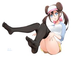 Rule 34 | 1girl, absurdres, black pantyhose, blue eyes, blush, bow, breasts, brown hair, clothes pull, commentary request, creatures (company), double bun, full body, game freak, hair between eyes, hair bun, highres, j.c.14, long hair, nintendo, no shoes, open mouth, pantyhose, pantyhose pull, pink bow, pokemon, pokemon bw2, rosa (pokemon), shirt, sidelocks, skirt, soles, solo, teeth, twintails, upper teeth only, very long hair, visor cap, white background, yellow skirt