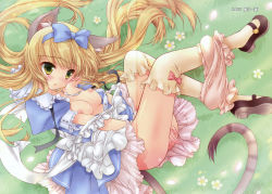 Rule 34 | 1girl, animal ears, blonde hair, blush, bow, breasts, cat ears, cat girl, cat tail, dress, female focus, green eyes, highres, hotei kazuha, long hair, lying, nature, nipples, open clothes, open dress, outdoors, plant, skirt, solo, tail, thighhighs, underwear