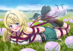 Rule 34 | absurdres, aizawa azusa, bdsm, blonde hair, blue eyes, blue sky, blush, bondage, boots, bound, braid, brown footwear, cailin020, cross-laced footwear, day, field, frilled skirt, frills, grass, green skirt, hair between eyes, hat, highres, knee boots, lace-up boots, landscape, long hair, on grass, outdoors, red rope, restrained, rope, shibari, shibari over clothes, shirt, shoe soles, skirt, sky, sleeveless, slime (creature), slime taoshite 300 nen shiranai uchi ni level max ni nattemashita, sweatdrop, white shirt, witch hat, | |