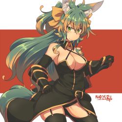 Rule 34 | 1girl, animal ear fluff, animal ears, bare shoulders, blush, breasts, brown hair, cleavage, elbow gloves, female focus, garter straps, gloves, gradient hair, green eyes, green hair, kuromiya, kuromiya raika, large breasts, long hair, looking at viewer, matching hair/eyes, multicolored hair, original, solo, standing, tail, thighhighs