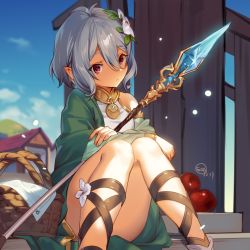 Rule 34 | 1girl, apple, basket, building, closed mouth, dated, dress, etm (ahong), flower, food, fruit, gladiator sandals, green dress, greyscale, hair between eyes, hair flower, hair ornament, highres, knees up, kokkoro (princess connect!), monochrome, outdoors, pointy ears, polearm, princess connect!, red eyes, sandals, short hair, signature, single bare shoulder, sitting, solo, spear, stairs, weapon