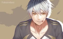 Rule 34 | 1boy, alternate hairstyle, blood, blood from mouth, bokuto koutarou, collarbone, grey hair, haikyuu!!, highres, looking at viewer, male focus, short hair, slit pupils, smile, smirk, solo, sportswear, teeth, torano, upper body, volleyball uniform, yellow eyes