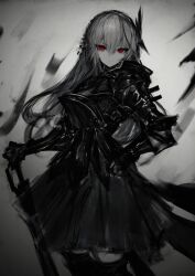 Rule 34 | 1girl, black dress, commentary, dress, english commentary, gothic lolita, greyscale, hairband, highres, holding, lolita fashion, long hair, looking at viewer, monochrome, original, purple eyes, simple background, solo, spot color, tuda6, weapon
