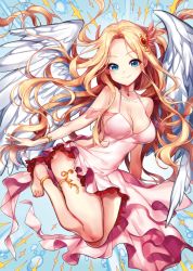 Rule 34 | 1girl, angel, angel wings, anklet, bare shoulders, barefoot, blonde hair, blue background, blue eyes, bracelet, breasts, choker, cleavage, closed mouth, cross, dress, eyebrows, feathered wings, floating hair, frilled dress, frills, full body, hair ornament, head wings, jewelry, large breasts, long hair, looking at viewer, original, pendant, pink dress, see-through, shade, sideboob, sleeveless, sleeveless dress, smile, solo, songmil, strap gap, thighlet, very long hair, wavy hair, wing print, winged hair ornament, wings
