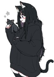 Rule 34 | ahoge, animal, animal ears, black eyes, black hair, black hoodie, black shorts, blush, cat, cat ears, cat girl, cat tail, commentary request, eyelashes, flower, highres, holding, holding animal, holding cat, hood, hoodie, long hair, megateru, messy hair, nervous, original, oversized clothes, shorts, simple background, skindentation, sleeves past wrists, smile, tail, tareme, thighhighs, very long hair, white background