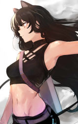 Rule 34 | 1girl, animal ears, arm up, bare arms, belt, black ears, black hair, blake belladonna, breasts, cat ears, cat girl, closed mouth, cowboy shot, determined, extra ears, faunus (rwby), floating hair, from side, groin, highres, isshiki (ffmania7), long hair, looking to the side, medium breasts, midriff, navel, outstretched arm, pants, rwby, scar, serious, shirt, sleeveless, sleeveless shirt, solo, tank top, upper body, wavy hair, white background, yellow eyes
