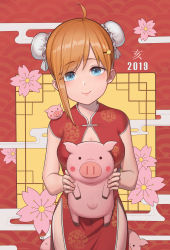Rule 34 | 1girl, 2019, absurdres, animal, bad id, bad pixiv id, bird hair ornament, blue eyes, blush, breasts, center opening, china dress, chinese clothes, chinese zodiac, chun zhuan, cleavage, cowboy shot, double bun, dress, egasumi, flower, hair bun, hair ornament, hairclip, highres, holding, holding animal, looking at viewer, medium breasts, new year, orange hair, original, pig, red dress, short sleeves, side slit, smile, solo, swept bangs, year of the pig