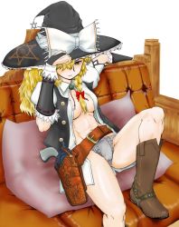 Rule 34 | 1girl, abs, alternate costume, bad id, bad pixiv id, belt, belt skirt, between breasts, blonde hair, boots, bow, bow panties, braid, breasts, bridal gauntlets, couch, cowboy boots, female focus, gun, hair over one eye, handgun, hat, hat tip, holster, kirisame marisa, long hair, no bra, no pants, open clothes, panties, revolver, roppa, solo, spurs, touhou, underboob, underwear, weapon, cowboy western, witch hat