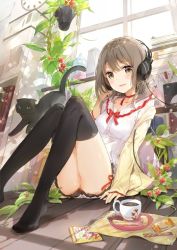 Rule 34 | 1girl, animal, arm at side, black cat, black thighhighs, blouse, blush, book, book stack, bookshelf, brown eyes, brown hair, cardigan, cat, cd case, choker, clock, coffee, cup, fuumi (radial engine), grey hair, hand on headphones, headphones, indoors, ivy, jar, knees together feet apart, long sleeves, looking at viewer, miniskirt, napkin, neck ribbon, no shoes, on floor, open cardigan, open clothes, original, parted lips, plant, potted plant, red ribbon, ribbon, ribbon choker, sailor collar, shirt, sitting, skirt, sleeves past wrists, smile, solo, teacup, thighhighs, thighs, vines, wafer stick, white shirt, window