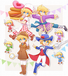 Rule 34 | 6+boys, :d, absurdres, apron, blue eyes, blue footwear, blue headwear, boots, brown coat, brown footwear, brown headwear, chef, chef hat, coat, cosplay, deerstalker, detective peach, enni, epee, flying kick, full body, grid background, hair between eyes, hat, hat feather, highres, holding, holding magnifying glass, holding sword, holding weapon, kicking, kung fu, kung fu peach, link, magnifying glass, mario (series), multiple boys, nintendo, open mouth, pants, patissiere peach, princess peach, princess peach: showtime!, princess peach (cosplay), smile, sword, swordfighter peach, the legend of zelda, the legend of zelda: four swords, weapon, white pants