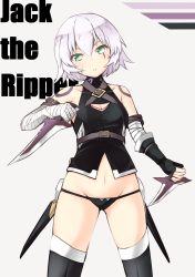 Rule 34 | 1girl, :&lt;, bandaged arm, bandages, bare shoulders, black gloves, black panties, black thighhighs, breasts, character name, cleavage, cleavage cutout, closed mouth, clothing cutout, cowboy shot, dagger, dual wielding, fate/apocrypha, fate (series), fingerless gloves, gloves, green eyes, groin, hair between eyes, highres, holding, jack the ripper (fate/apocrypha), knife, looking at viewer, navel, orinpachu, panties, scar, short hair, silver hair, single glove, small breasts, solo, stomach, thighhighs, underwear, weapon