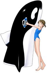 Rule 34 | 1girl, artist request, barefoot, brown eyes, brown hair, casual one-piece swimsuit, copyright request, inflatable orca, inflatable toy, one-piece swimsuit, one eye closed, orca, short hair, short twintails, simple background, solo, swimsuit, twintails, whale, wink