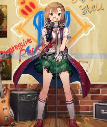 Rule 34 | 1girl, arm warmers, blush, brown hair, cable, coat, commentary request, electric guitar, fingerless gloves, gloves, graffiti, green eyes, guitar, hair ornament, headphones, headphones around neck, idolmaster, idolmaster cinderella girls, idolmaster cinderella girls starlight stage, indoors, instrument, jewelry, kamille (vcx68), kneehighs, lace, lace-trimmed skirt, lace trim, looking at viewer, microphone, microphone stand, music, necktie, open mouth, plaid, plaid skirt, pleated skirt, red coat, red footwear, ring, shirt, short hair, short sleeves, singing, single glove, skirt, sleeveless, sleeveless coat, smile, socks, solo, speaker, standing, tada riina, white gloves, white shirt, white socks, x hair ornament