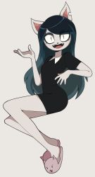 Rule 34 | 1girl, animal ears, animal nose, black dress, black eyes, blue hair, breasts, brown background, cat ears, claire d&#039;lune, collar, commentary, dress, dvampiresmile, english commentary, eyeshadow, fangs, full body, gradient hair, green hair, hand up, highres, invisible chair, long hair, makeup, multicolored hair, open mouth, pink footwear, short dress, short sleeves, simple background, sitting, slippers, slit pupils, small breasts, smile, solo, straight hair, swept bangs, the summoning, tsurime, two-tone hair, very long hair, white collar, yokozuwari