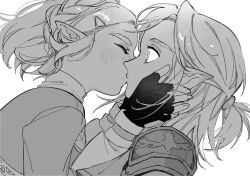 Rule 34 | 1boy, 1girl, armor, black gloves, blush, braid, closed eyes, couple, crown braid, fingerless gloves, gloves, greyscale, hair tie, hands on another&#039;s cheeks, hands on another&#039;s face, hetero, highres, kiss, link, long sleeves, medium hair, monochrome, nintendo, parted bangs, pointy ears, ponytail, princess zelda, short hair, shoulder armor, sidelocks, the legend of zelda, the legend of zelda: tears of the kingdom, thick eyebrows, turippy, upper body, white background, wide-eyed