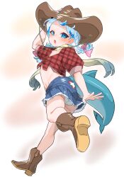 Rule 34 | 1girl, blue eyes, blue hair, blue skirt, boots, bow, braid, breasts, brown footwear, brown hat, cowboy boots, cowboy hat, cowgirl (western), fins, fish tail, gawr gura, grey hair, hair bow, hair ornament, hairpin, hat, highres, hololive, hololive english, looking at viewer, medium hair, moral cacoethes, multicolored hair, open mouth, panties, pink bow, red shirt, scarf, shark girl, shark tail, shirt, skirt, small breasts, solo, streaked hair, tail, tied shirt, twin braids, underwear, virtual youtuber, white background, white panties, white scarf
