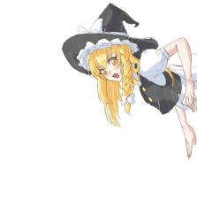 Rule 34 | 0002koko, 1girl, black hat, black vest, blonde hair, bow, braid, buttons, commentary request, hair bow, hat, hat bow, highres, kirisame marisa, long hair, open mouth, puffy short sleeves, puffy sleeves, shirt, short sleeves, simple background, single braid, solo, stuck, through wall, touhou, upper body, vest, white background, white bow, white shirt, witch hat, yellow eyes