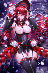 Rule 34 | 1girl, absurdres, asymmetrical gloves, been, black sleeves, black thighhighs, blurry, blurry background, blush, breasts, cowboy shot, detached sleeves, elesis (elsword), elsword, embarrassed, floating hair, flower, frilled thighhighs, frills, garter straps, gloves, gluteal fold, hair between eyes, hat, highres, holding, holding flower, large breasts, long hair, long sleeves, nipples, panties, parted lips, red eyes, red hair, red hat, rose, showgirl skirt, solo, sparkle, standing, sun hat, sweatdrop, thigh gap, thighhighs, underwear, uneven gloves, very long hair, white flower, white panties, white rose